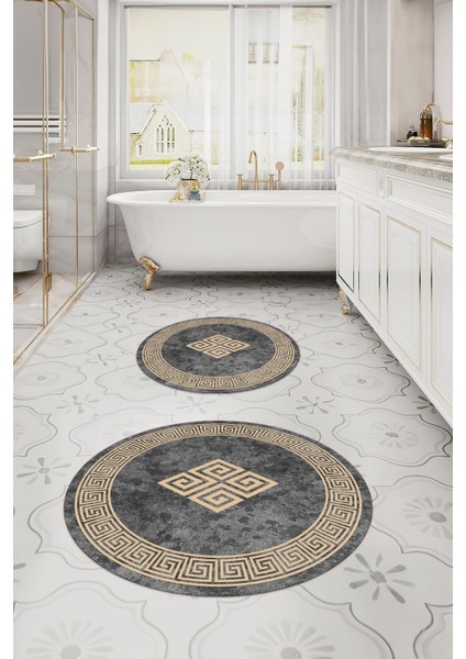 Dijital Yıkanabilir Çerçeveli Klasik Model Yuvarlak Banyo Paspası Klozet Takımı, Klozet-54-Bej,