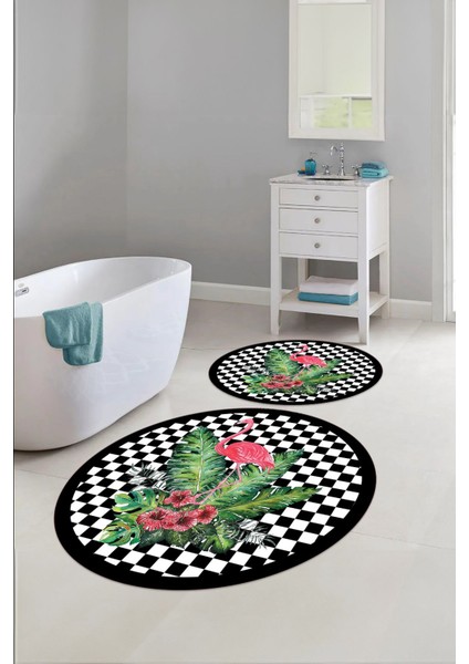 Dijital Yıkanabilir Kaymaz Flamingo Desenli Yuvarlak Banyo Paspası Klozet Takımı, Klozet-62-Siyah,