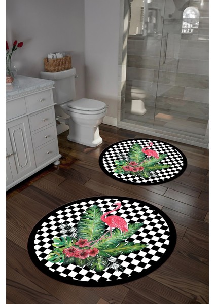 Dijital Yıkanabilir Kaymaz Flamingo Desenli Yuvarlak Banyo Paspası Klozet Takımı, Klozet-62-Siyah, fiyatları