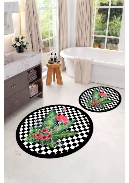 Dijital Yıkanabilir Kaymaz Flamingo Desenli Yuvarlak Banyo Paspası Klozet Takımı, Klozet-62-Siyah, modelleri