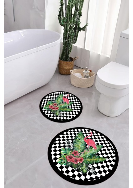 Dijital Yıkanabilir Kaymaz Flamingo Desenli Yuvarlak Banyo Paspası Klozet Takımı, Klozet-62-Siyah, fırsatları