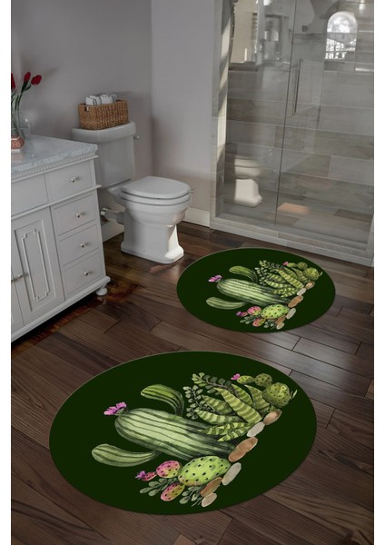 Dijital Yıkanabilir Kaymaz Kaktüs Desenli Yuvarlak Banyo Paspası Klozet Takımı, Klozet-63-Yeşil,