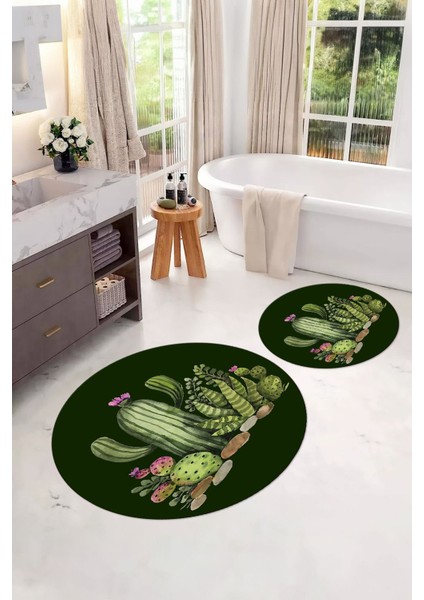 Dijital Yıkanabilir Kaymaz Kaktüs Desenli Yuvarlak Banyo Paspası Klozet Takımı, Klozet-63-Yeşil, fiyatları