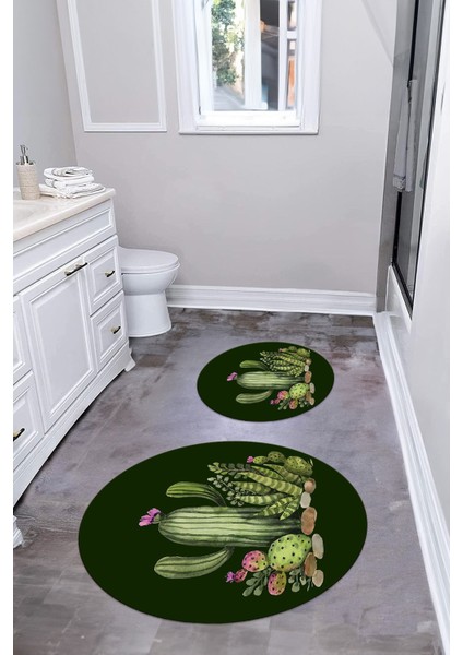 Dijital Yıkanabilir Kaymaz Kaktüs Desenli Yuvarlak Banyo Paspası Klozet Takımı, Klozet-63-Yeşil, fırsatları