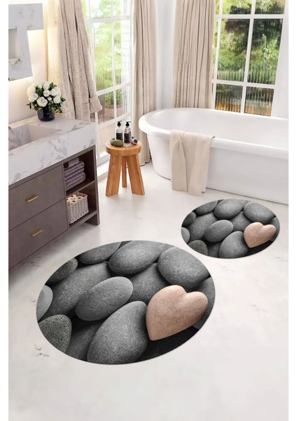 Baskılı Yıkanabilir Kaymaz Taş Modelli Yuvarlak Banyo Paspası Klozet Takımı, Klozet-73-Gri,