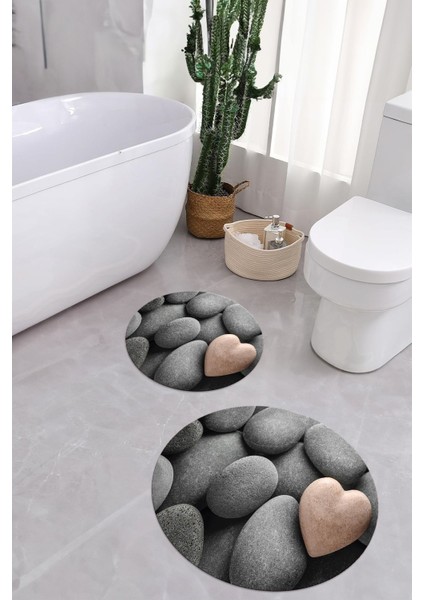 Baskılı Yıkanabilir Kaymaz Taş Modelli Yuvarlak Banyo Paspası Klozet Takımı, Klozet-73-Gri,
