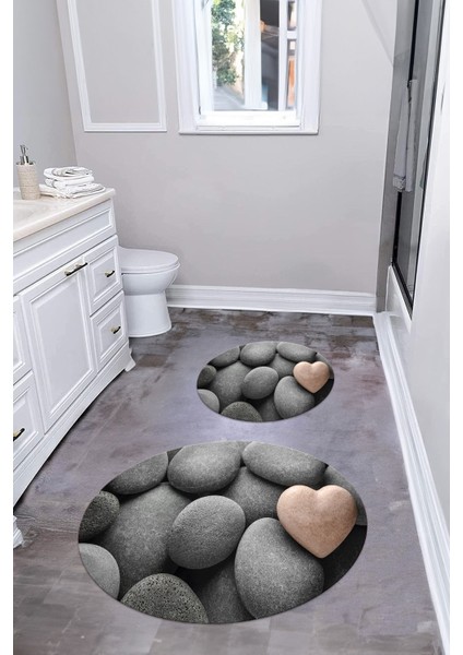 Baskılı Yıkanabilir Kaymaz Taş Modelli Yuvarlak Banyo Paspası Klozet Takımı, Klozet-73-Gri,