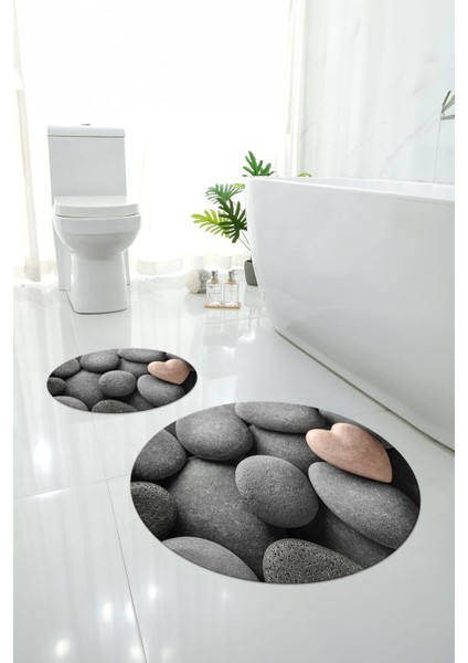 Baskılı Yıkanabilir Kaymaz Taş Modelli Yuvarlak Banyo Paspası Klozet Takımı, Klozet-73-Gri,