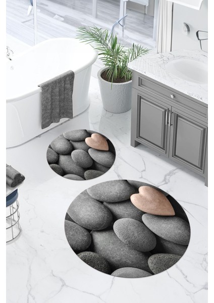 Baskılı Yıkanabilir Kaymaz Taş Modelli Yuvarlak Banyo Paspası Klozet Takımı, Klozet-73-Gri,