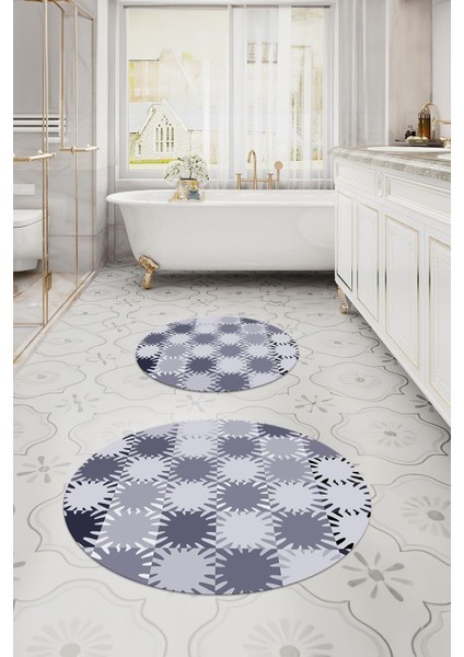 Baskılı Yıkanabilir Kaymaz Sade Modern Yuvarlak Banyo Paspası Klozet Takımı, Klozet-75-Lila, indirimleri