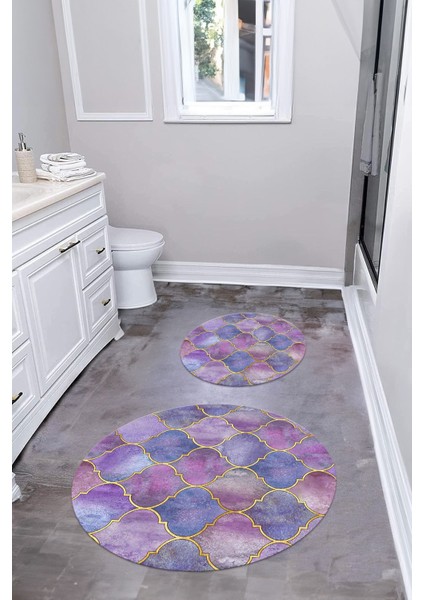 Dijital Yıkanabilir Kaymaz Kupa Desenli Yuvarlak Banyo Paspası Klozet Takımı, Klozet-81-Renkli,