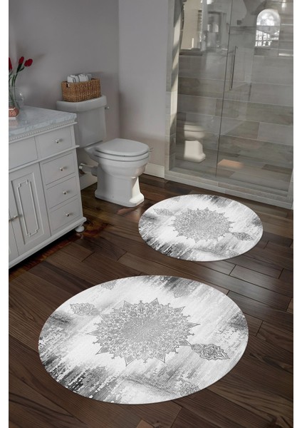 Dijital Yıkanabilir Sade Vektörel Desenli Yuvarlak Banyo Paspası Klozet Takımı, Klozet-95-Gri,