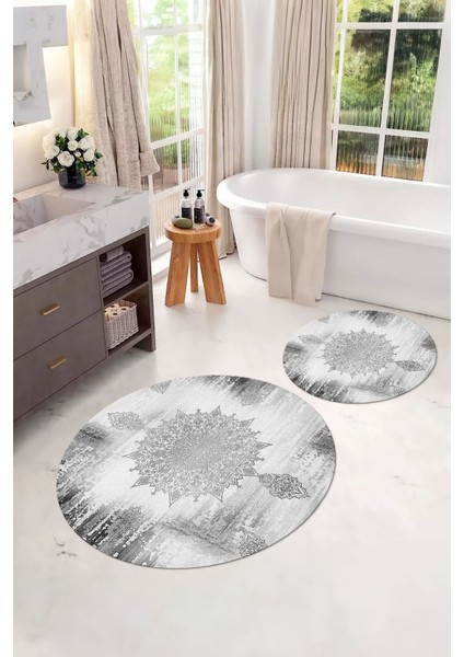 Dijital Yıkanabilir Sade Vektörel Desenli Yuvarlak Banyo Paspası Klozet Takımı, Klozet-95-Gri,