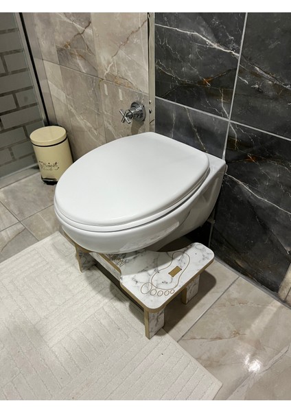 Tuvalet Wc Taburesi Basamak Klozet Altı Tabure Ayak Destek Taburesi Çocuk Yetişkin Beyaz Mermer Desen