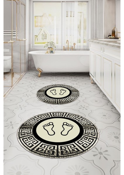 Dijital Yıkanabilir Çerçeveli Ayak Baskılı Yuvarlak Banyo Paspası Klozet Takımı, Klozet-52-Krem,