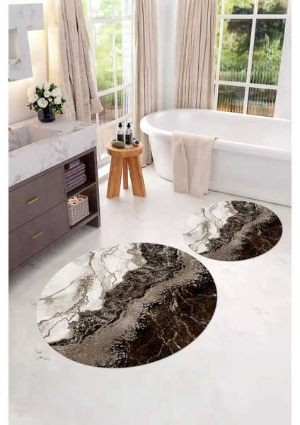 Dijital Yıkanabilir Kaymaz Mermer Model Yuvarlak Banyo Paspası Klozet Takımı, Klozet-55-Kahve, fırsatları