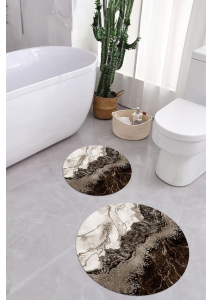 Dijital Yıkanabilir Kaymaz Mermer Model Yuvarlak Banyo Paspası Klozet Takımı, Klozet-55-Kahve, indirimleri