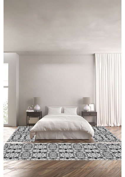 Dijital Kaymaz Yıkanabilir Iskandinav Dörtgen Desenli Üçlü Yatak Odası, Yo-Iskandinav-42-Gri,