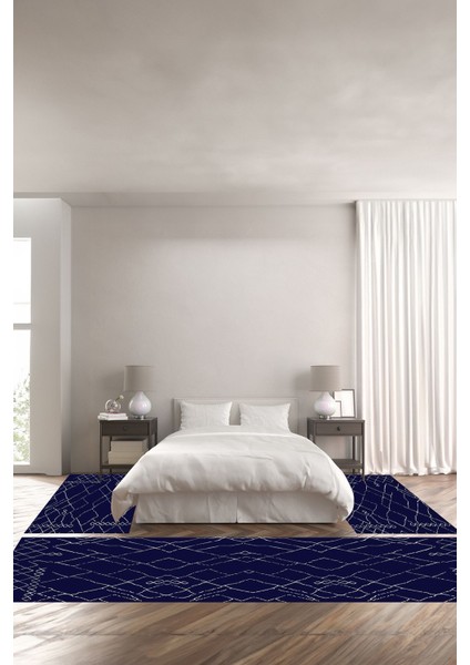 Baskılı Kaymaz Yıkanabilir Iskandinav Modern Sade Model Üçlü Yatak Odası, Yo-Iskandinav-46-Lacivert,