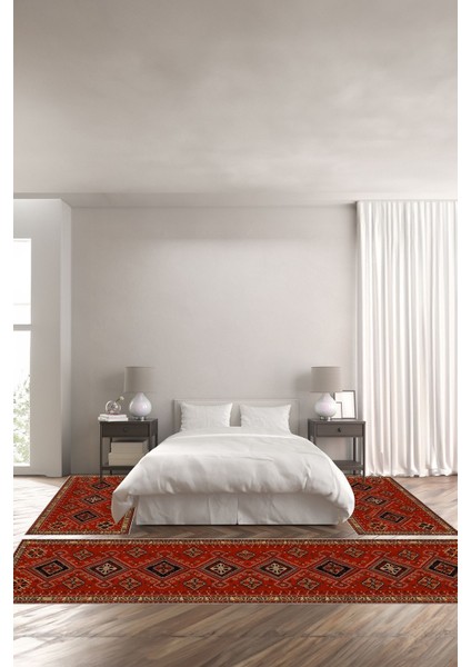 Baskılı Kaymaz Taban Yıkanabilir Etnik Klasik Görünümlü Üçlü Yatak Odası, Yo-Etnik-24-Kırmızı,