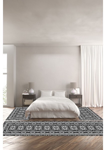 Baskılı Kaymaz Taban Yıkanabilir Etnik Çerçeve Model Üçlü Yatak Odası, Yo-Etnik-26-Gri,