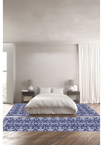 Dijital Baskılı Kaymaz Taban Yıkanabilir Etnik Modern Üçlü Yatak Odası, Yo-Etnik-27-Lacivert,