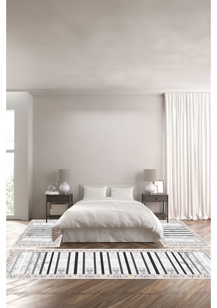 Dijital Baskılı Kaymaz Yıkanabilir Modern Çizgili Çerçeveli Üçlü Yatak Odası, Yo-Modern-174-Renkli,