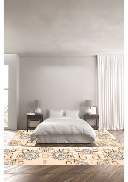 Dijital Baskılı Kaymaz Yıkanabilir Modern Çiçek Görünümlü Üçlü Yatak Odası, Yo-Modern-212-Bej,