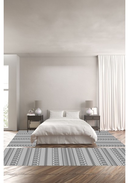 Baskılı Kaymaz Yıkanabilir Iskandinav Etnik Desen Üçlü Yatak Odası, Yo-Iskandinav-53-Gri,