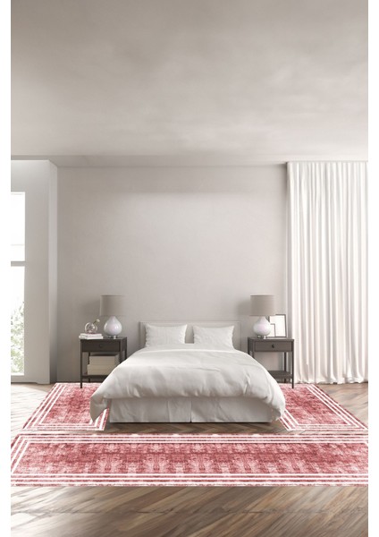Baskılı Kaymaz Yıkanabilir Çerçeveli Sade Çizgi Model Üçlü Yatak Odası,Yo-Çerçeveli-53-Pembe,