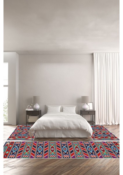 Baskılı Kaymaz Taban Yıkanabilir Etnik Hasır Görünümlü Üçlü Yatak Odası, Yo-Etnik-25-Renkli,