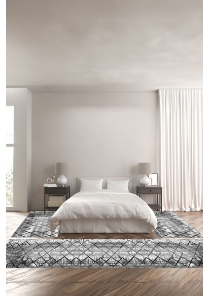 Dijital Kaymaz Yıkanabilir Modern Sade Zigzag Desenli Üçlü Yatak Odası, Yo-Modern-171-Gri,