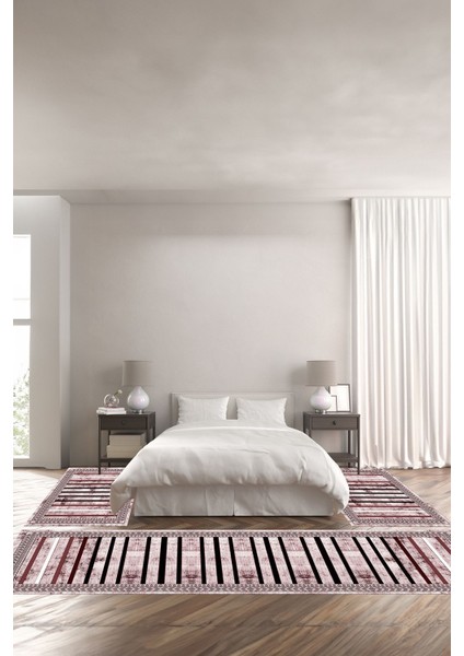 Dijital Baskılı Kaymaz Yıkanabilir Modern Çizgili Çerçeveli Üçlü Yatak Odası, Yo-Modern-174-Bordo,