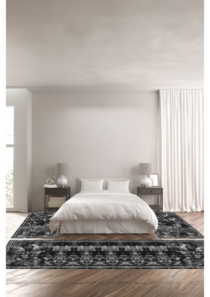 Dijital Kaymaz Yıkanabilir Modern Çerçeveli Kesik Desenli Üçlü Yatak Odası, Yo-Modern-176-Siyah,