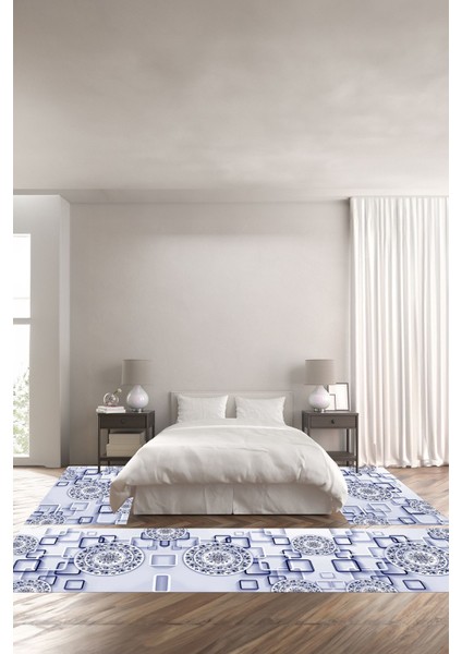 Dijital Baskılı Kaymaz Yıkanabilir Modern Çiçek Görünümlü Üçlü Yatak Odası, Yo-Modern-212-Lacivert,