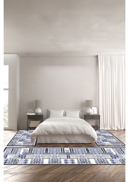 Dijital Baskılı Kaymaz Yıkanabilir Modern Motif Desenli Üçlü Yatak Odası, Yo-Modern-216-Lacivert,