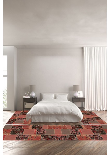 Baskılı Kaymaz Yıkanabilir Patchwork Gül Motifli Modern Üçlü Yatak Odası, Yo-Patchwork-40-Kırmızı,