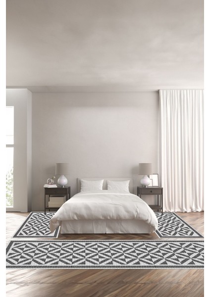 Dijital Baskılı Kaymaz Taban Yıkanabilir Üçgen Çizgili Üçlü Yatak Odası Takımı, Yo-Sade-55-Gri,