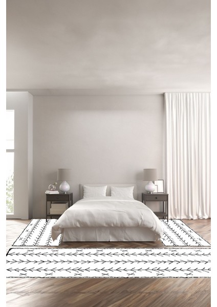 Baskılı Kaymaz Yıkanabilir Iskandinav Etnik Görünüm Üçlü Yatak Odası, Yo-Iskandinav-33-Beyaz,