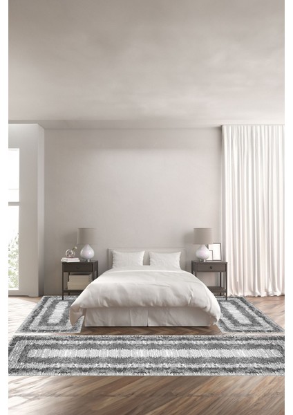 Dijital Baskılı Kaymaz Yıkanabilir Sade Dikdörtgen Desenli Üçlü Yatak Odası, Yo-Sade-63-Gri,