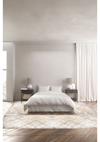 Dijital Baskılı Kaymaz Taban Yıkanabilir Sade Zikzak Desenli Üçlü Yatak Odası, Yo-Sade-65-Bej,