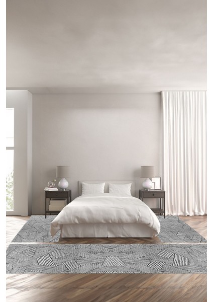 Dijital Baskılı Kaymaz Yıkanabilir Jüt Hasır Görünümlü Çizgili Üçlü Yatak Odası, Yo-Jüt-34-Gri,