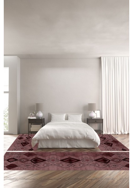 Dijital Kaymaz Taban Yıkanabilir Jüt Etnik Modelli Üçlü Yatak Odası Takımı , Yo-Jüt-37-Bordo,