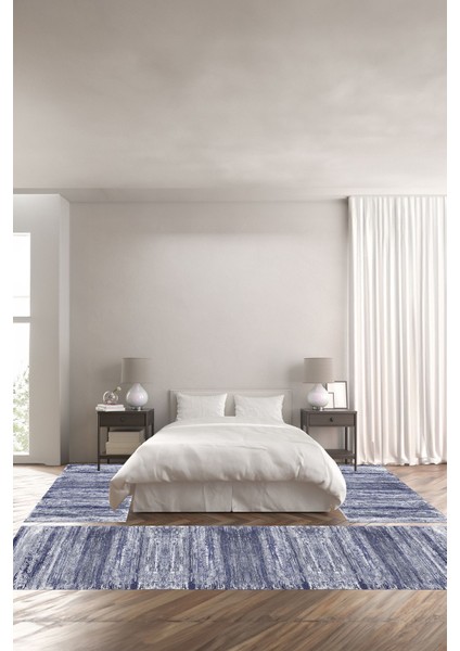 Dijital Baskılı Kaymaz Taban Yıkanabilir Sade Çizgili Modern Üçlü Yatak Odası, Yo-Sade-102-Lacivert,