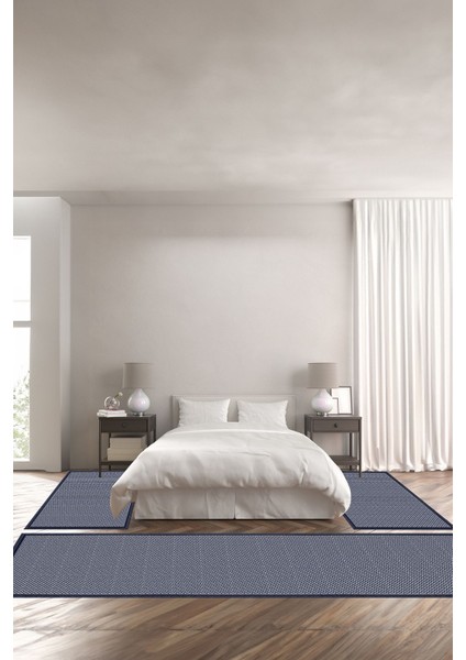 Dijital Baskılı Kaymaz Taban Yıkanabilir Jüt Hasır Görünümlü Üçlü Yatak Odası, Yo-Jüt-22-Lacivert,