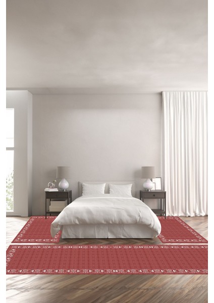 Dijital Baskılı Kaymaz Yıkanabilir Jüt Hasır Görünümlü Modelli Üçlü Yatak Odası, Yo-Jüt-26-Kırmızı,