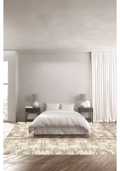 Dijital Baskılı Kaymaz Yıkanabilir Sade Kare Geçişli Modern Üçlü Yatak Odası, Yo-Sade-110-Bej,