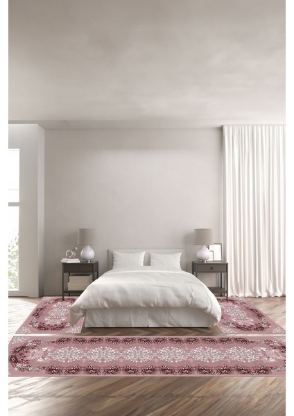 Dijital Kaymaz Taban Yıkanabilir Klasik Çiçek Figürlü Üçlü Yatak Odası, Yo-Klasik-50-Bordo,