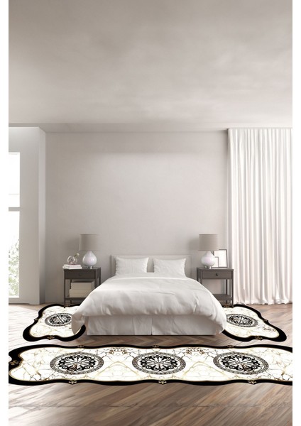 Dijital Baskılı Kaymaz Taban Yıkanabilir Lazer Kesim Üçlü Yatak Odası Takımı, Yo-Lazer-34-Siyah,