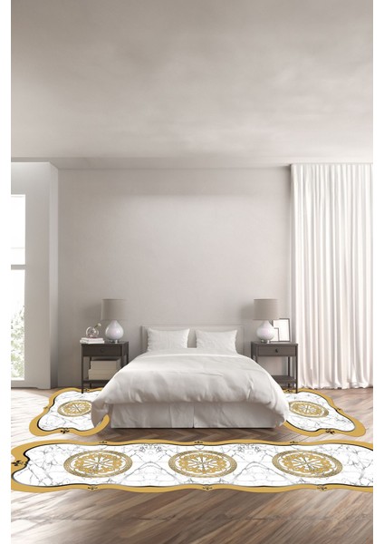 Dijital Baskılı Kaymaz Taban Yıkanabilir Lazer Kesim Üçlü Yatak Odası Takımı, Yo-Lazer-34-Sarı,